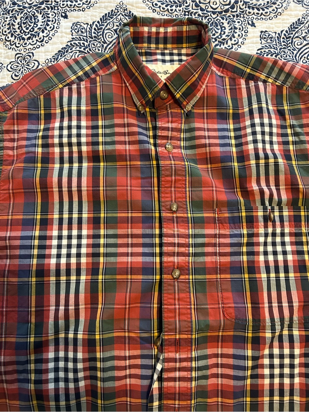 Eddie Bauer Red and Green Plaid Button-Down Shirt